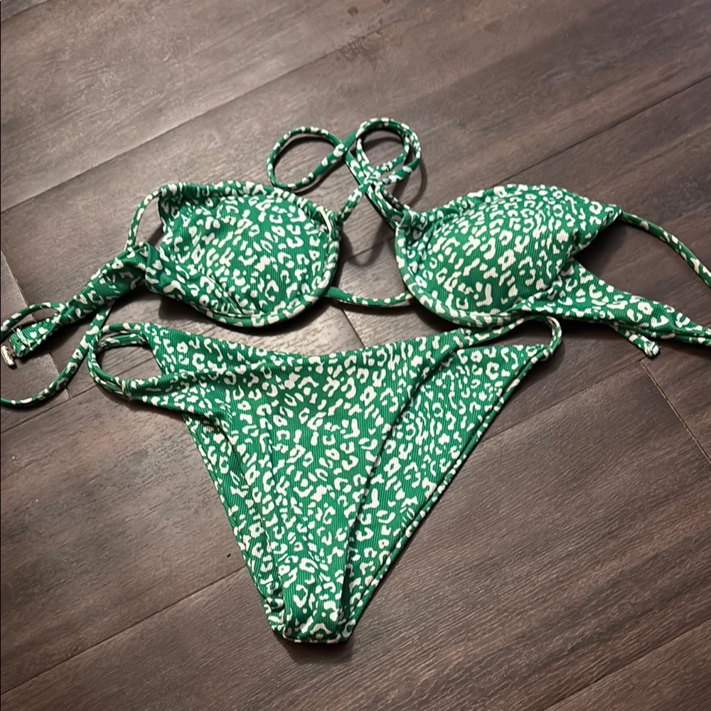 Green and White Bikini Set
